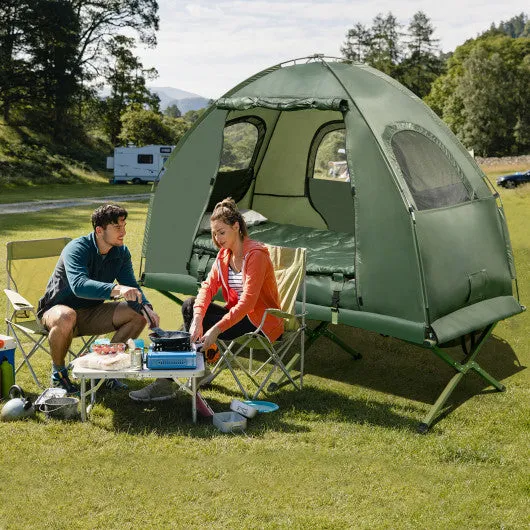 1-Person Folding Camping Tent with Sunshade and Air Mattress