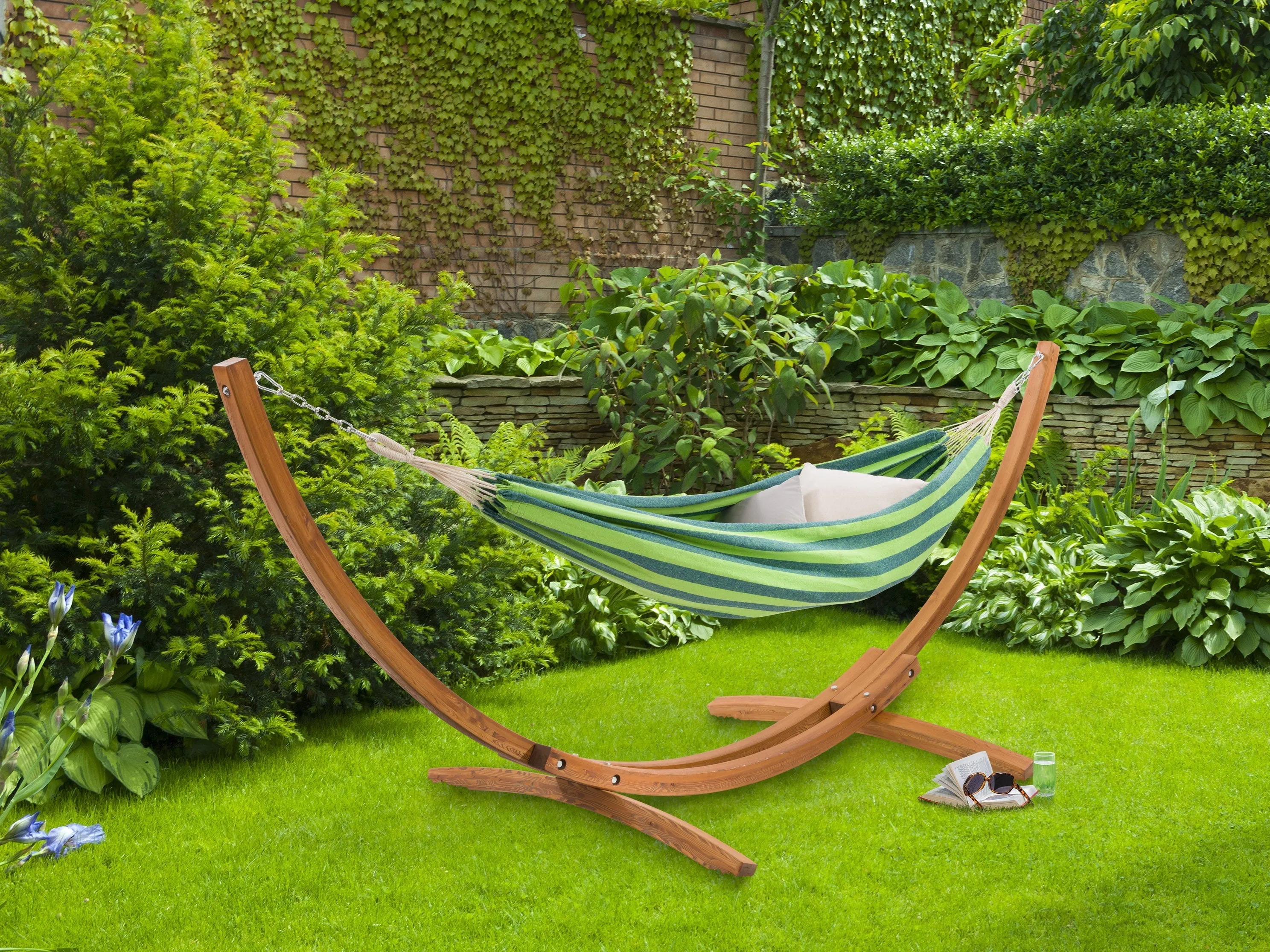 Blue and Green Hammock with Wood Stand