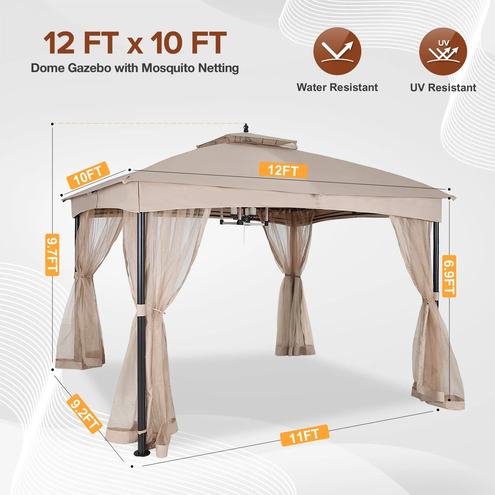 COOS BAY 10x12 Patio Dome Gazebo w/Mosquito Netting, Two-Tier Vented Top for Backyard Garden Lawn (Beige)