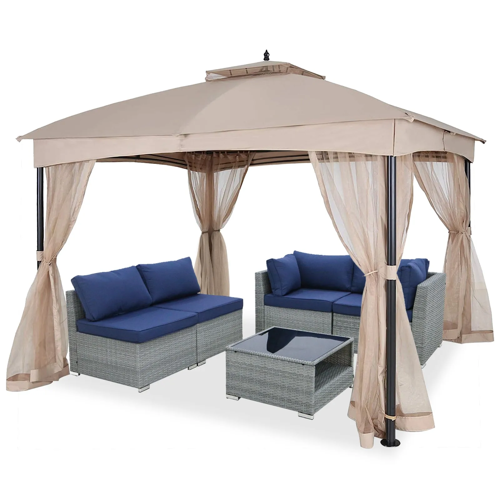 COOS BAY 10x12 Patio Dome Gazebo w/Mosquito Netting, Two-Tier Vented Top for Backyard Garden Lawn (Beige)