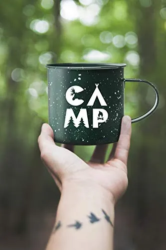 Create Your Space Camping Coffee Mug - Hipster Camp Design on Large Enamel Coated Tin Mug (16 Ounce)