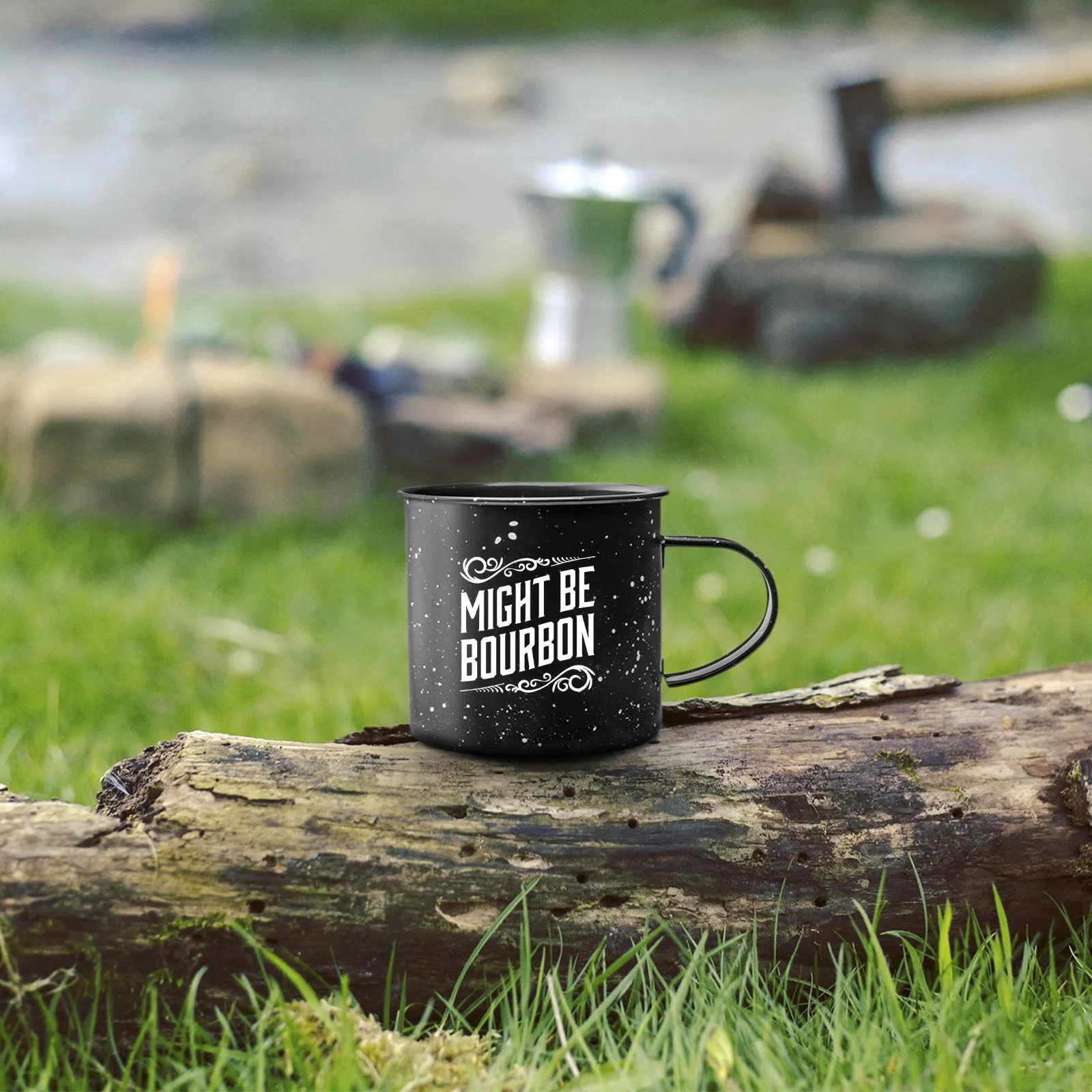 Enamel Camping Coffee Mug"Might Be Bourbon" Large Tin Cup, 15 Ounce (Midnight Black)