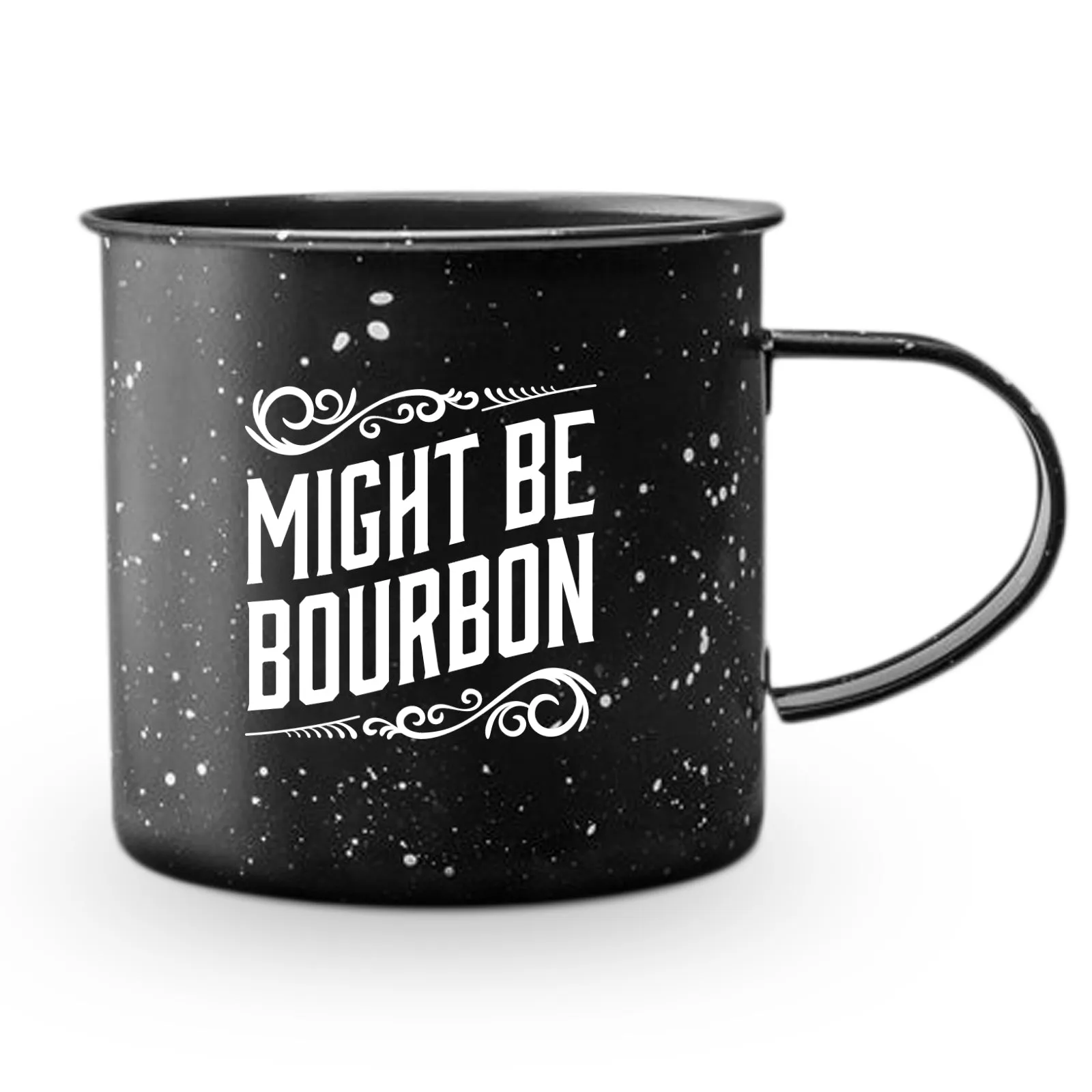 Enamel Camping Coffee Mug"Might Be Bourbon" Large Tin Cup, 15 Ounce (Midnight Black)