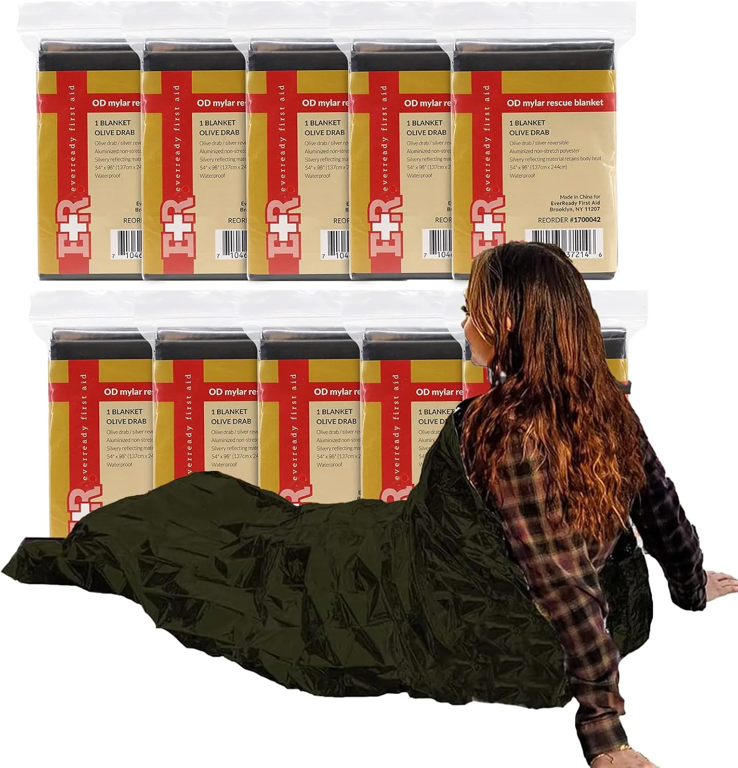 Ever Ready First Aid Mylar Rescue Blanket, Large Olive and Silver Thermal Sheet for Emergency and Survival, 54” x 96” - 10 Count