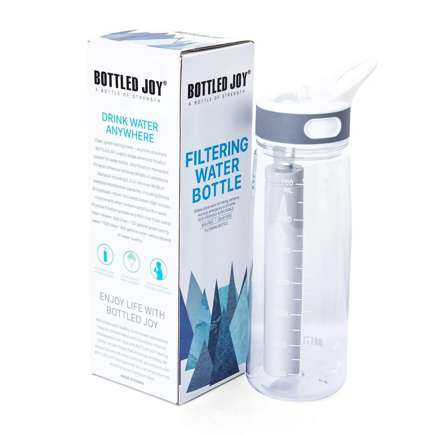 Filtered Water Bottle, Emergency Water Purifier with Filter Straw for Travel