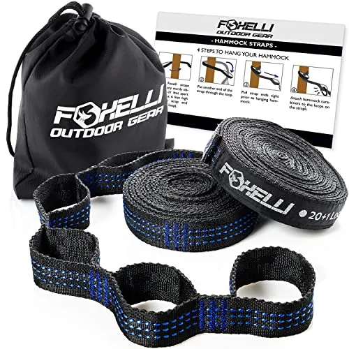 Foxelli Hammock Straps XL – Camping Hammock Tree Straps Set (2 Straps & Carrying Bag), 20 ft Long Combined, 40 2 Loops, 2000 LBS No-Stretch Heavy Duty Straps for Hammock Suspension System Kit