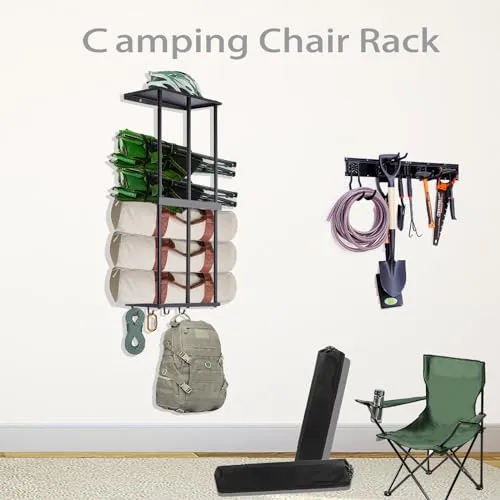 Gavinjitao Camping Chair Rack for Garage Storage, Metal Camping Chair Storage Wall Mount Beach Chair Umbrella Storage Holder with 4 Hooks for Garage Organizer