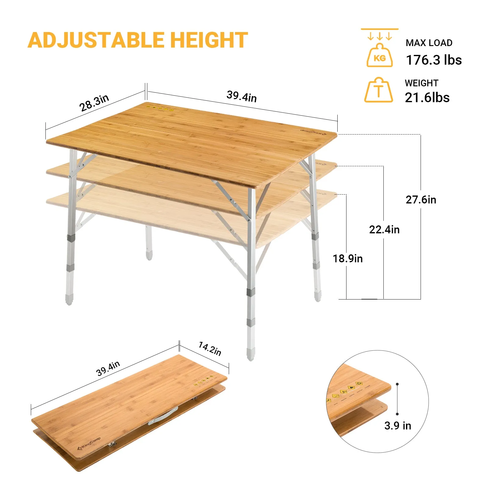 KingCamp 4 People Bamboo Three Heights Folding Table