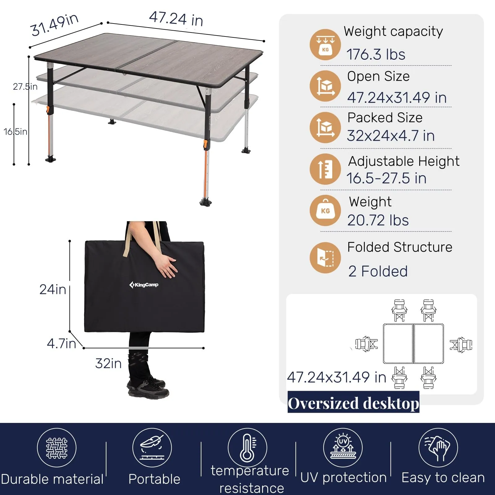 KingCamp GRANITE P12080 Folding Fiberglass Camping Table