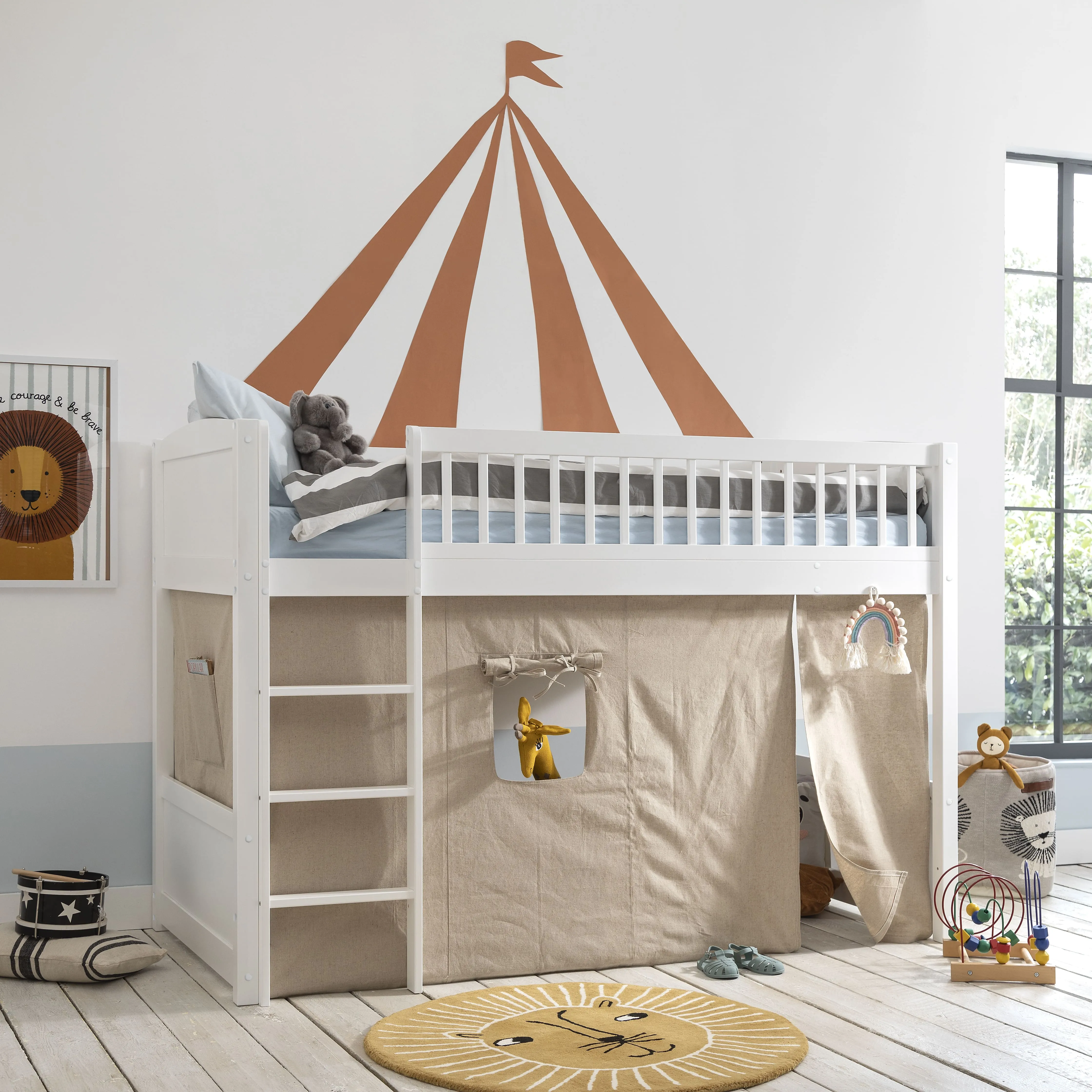 Lottie Midsleeper Cabin Bed with Straight Ladder & Tent in Classic White