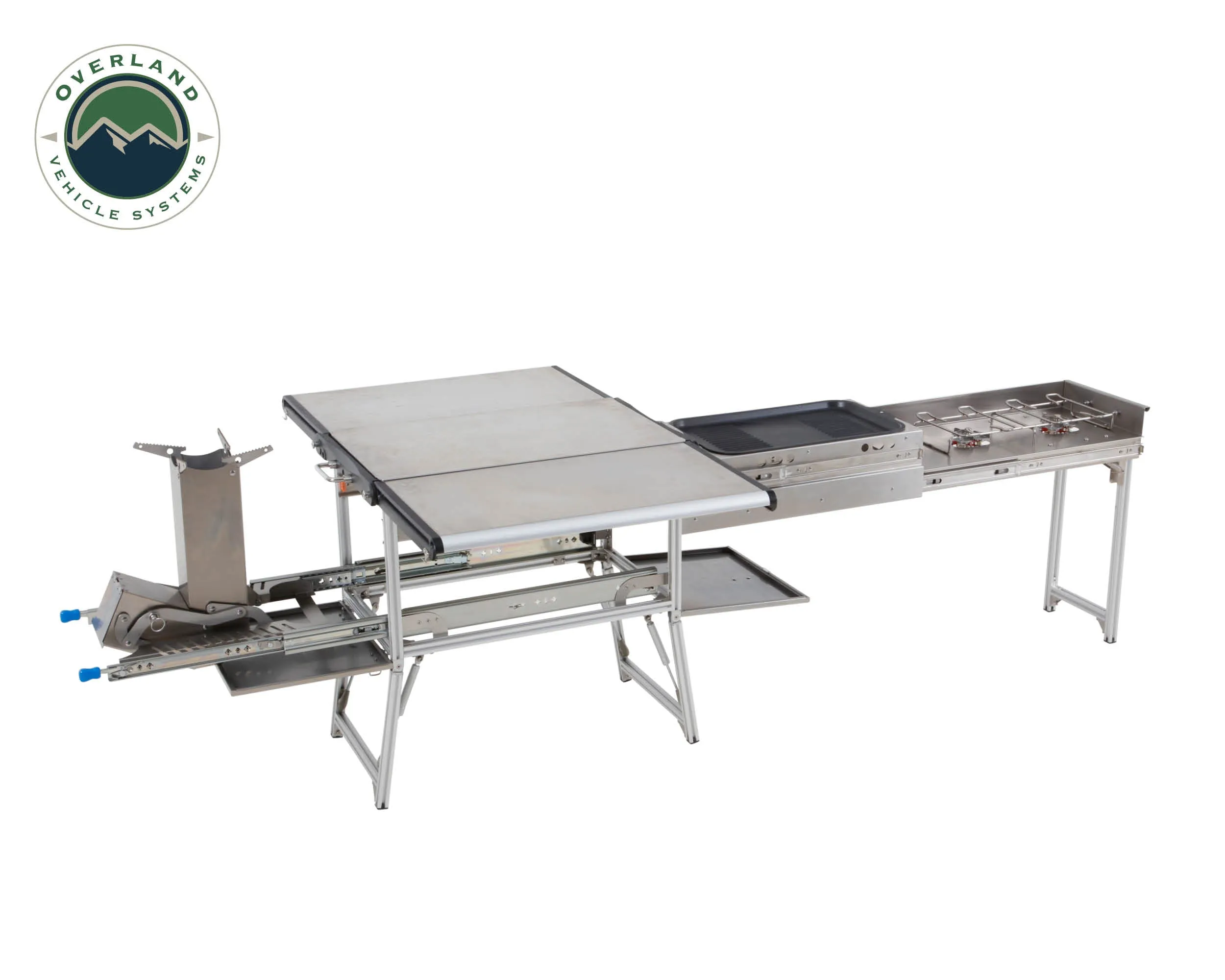 Overland Vehicle Systems Komodo Camp Kitchen - Dual Grill, Skillet, Folding Shelves, And Rocket Tower - Stainless Steel