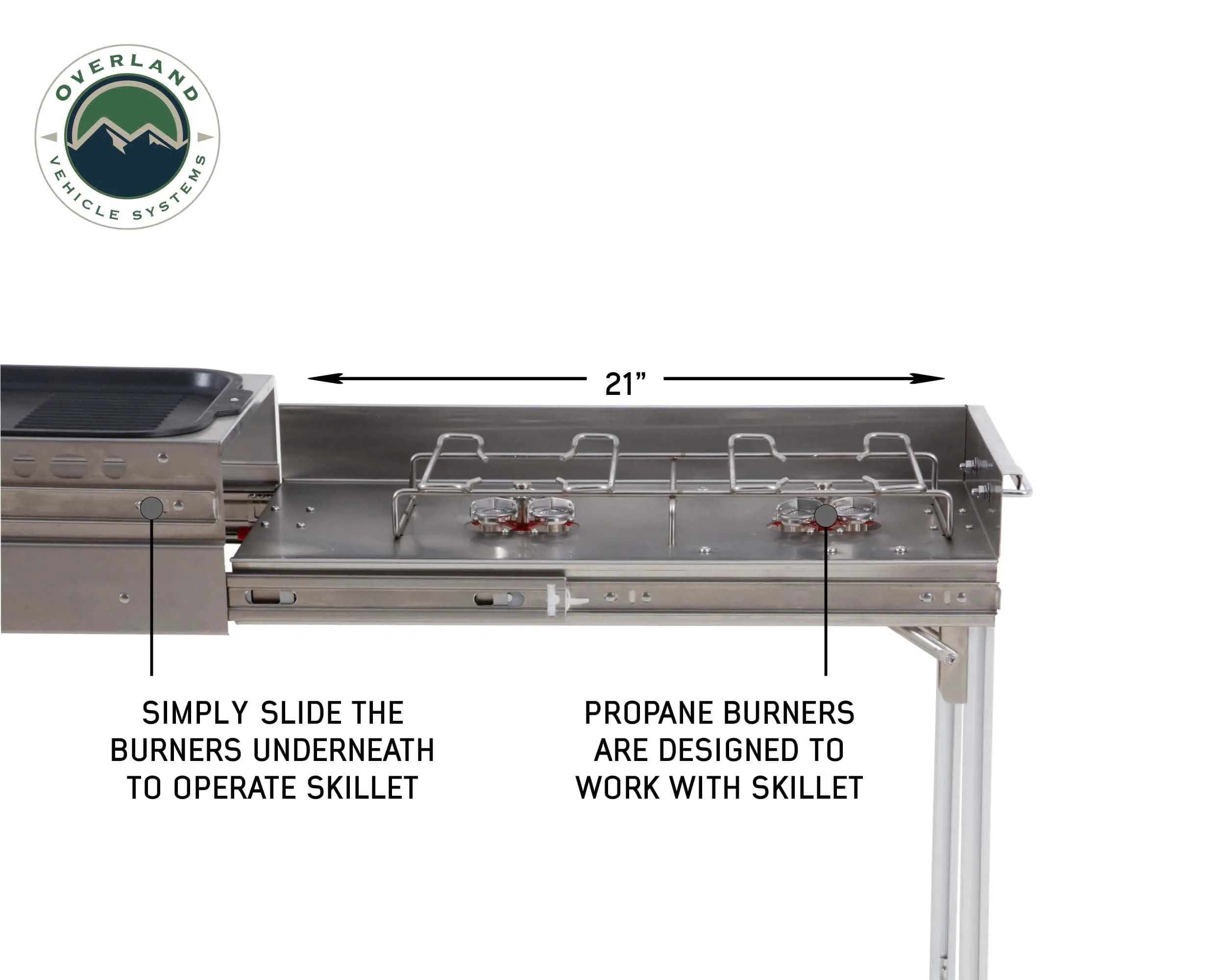 Overland Vehicle Systems Komodo Camp Kitchen - Dual Grill, Skillet, Folding Shelves, And Rocket Tower - Stainless Steel