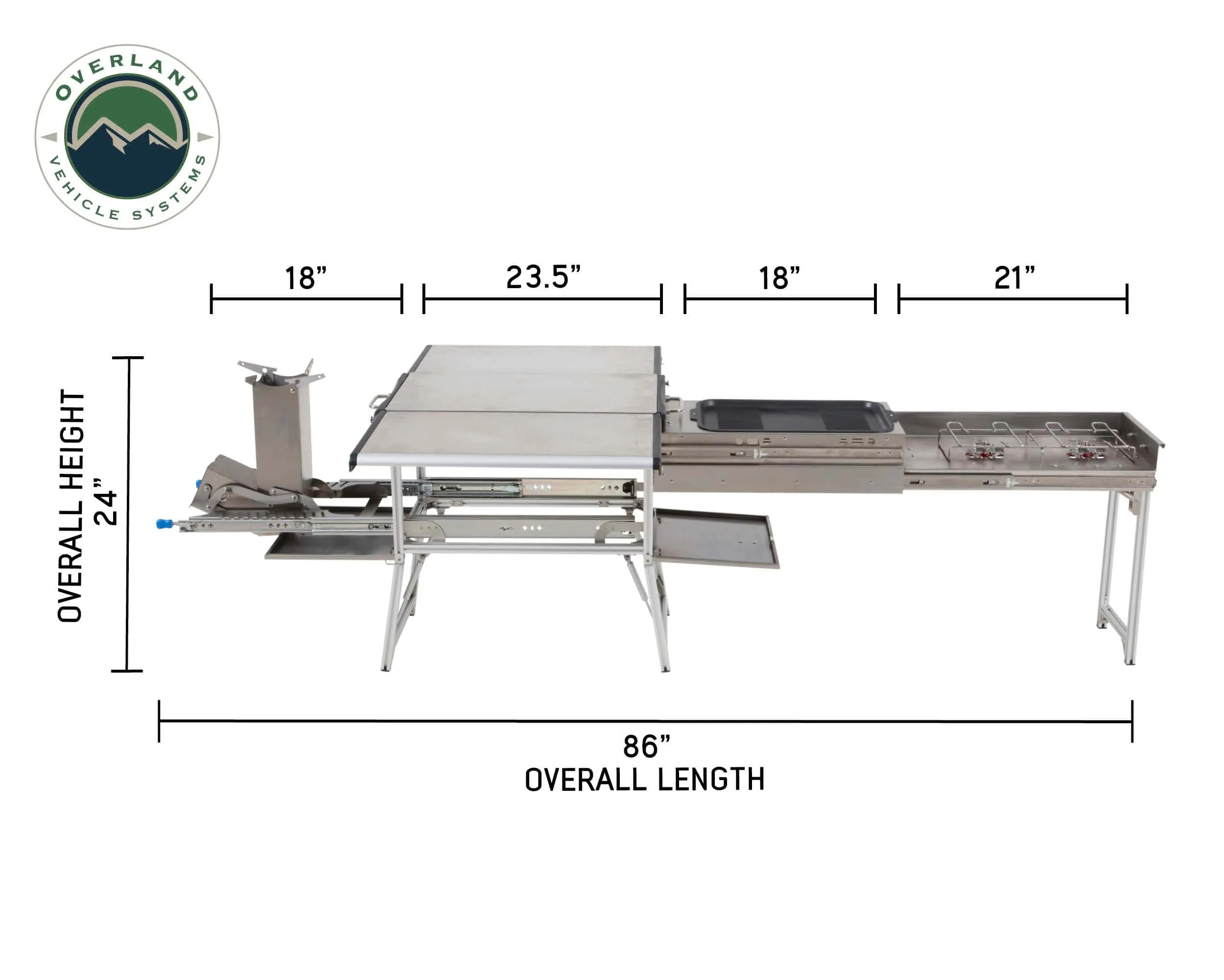 Overland Vehicle Systems Komodo Camp Kitchen - Dual Grill, Skillet, Folding Shelves, And Rocket Tower - Stainless Steel