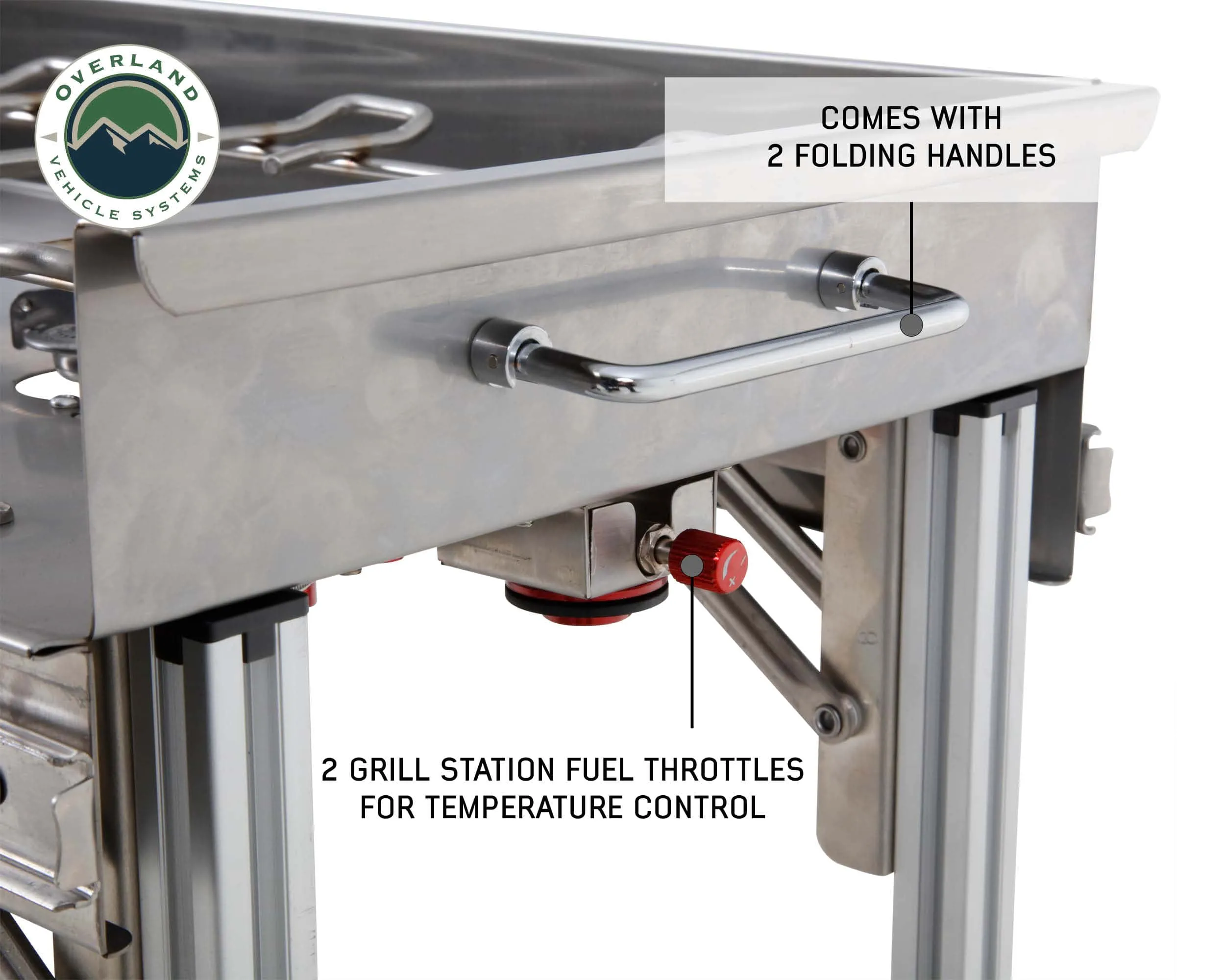 Overland Vehicle Systems Komodo Camp Kitchen - Dual Grill, Skillet, Folding Shelves, And Rocket Tower - Stainless Steel