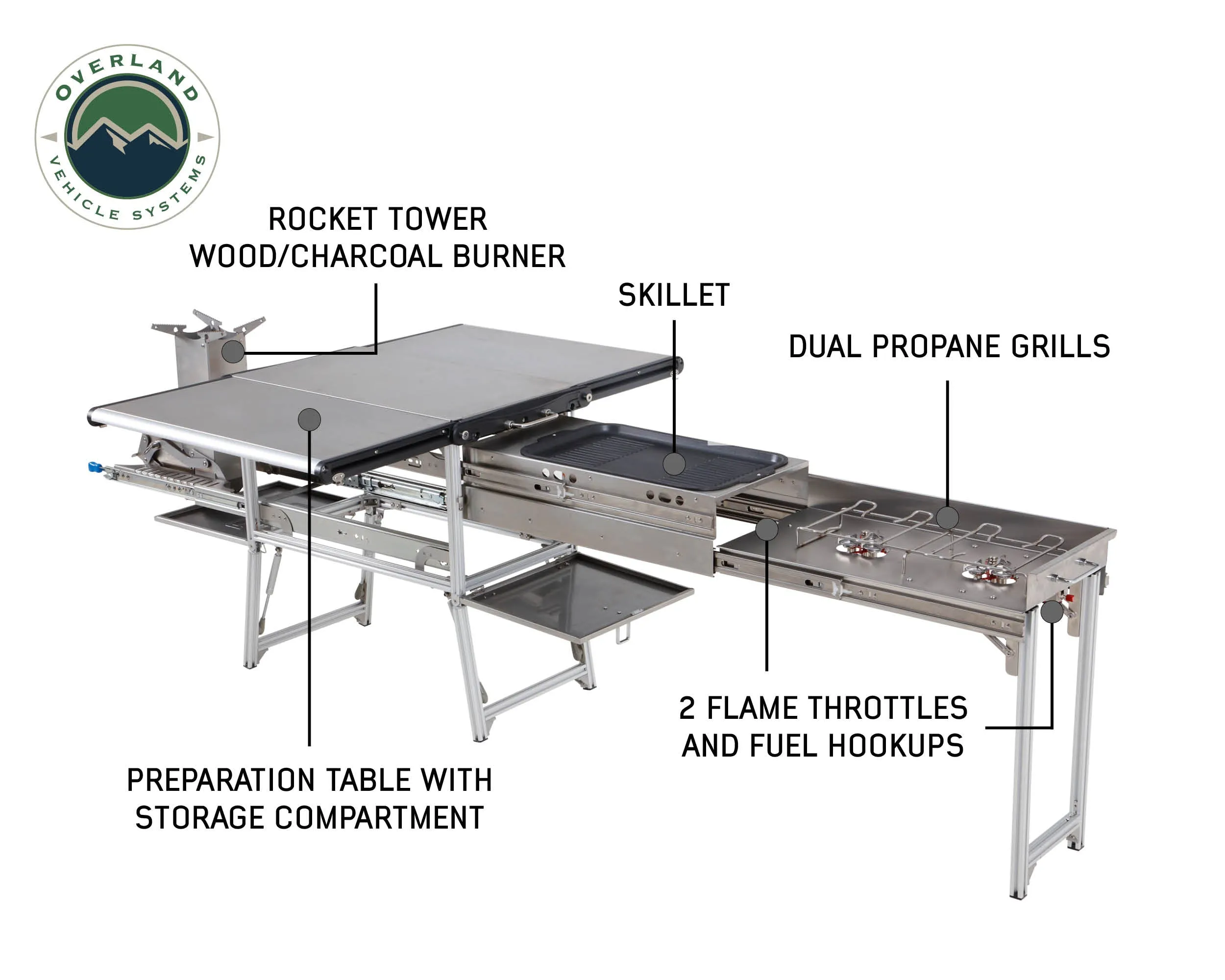 Overland Vehicle Systems Komodo Camp Kitchen - Dual Grill, Skillet, Folding Shelves, And Rocket Tower - Stainless Steel