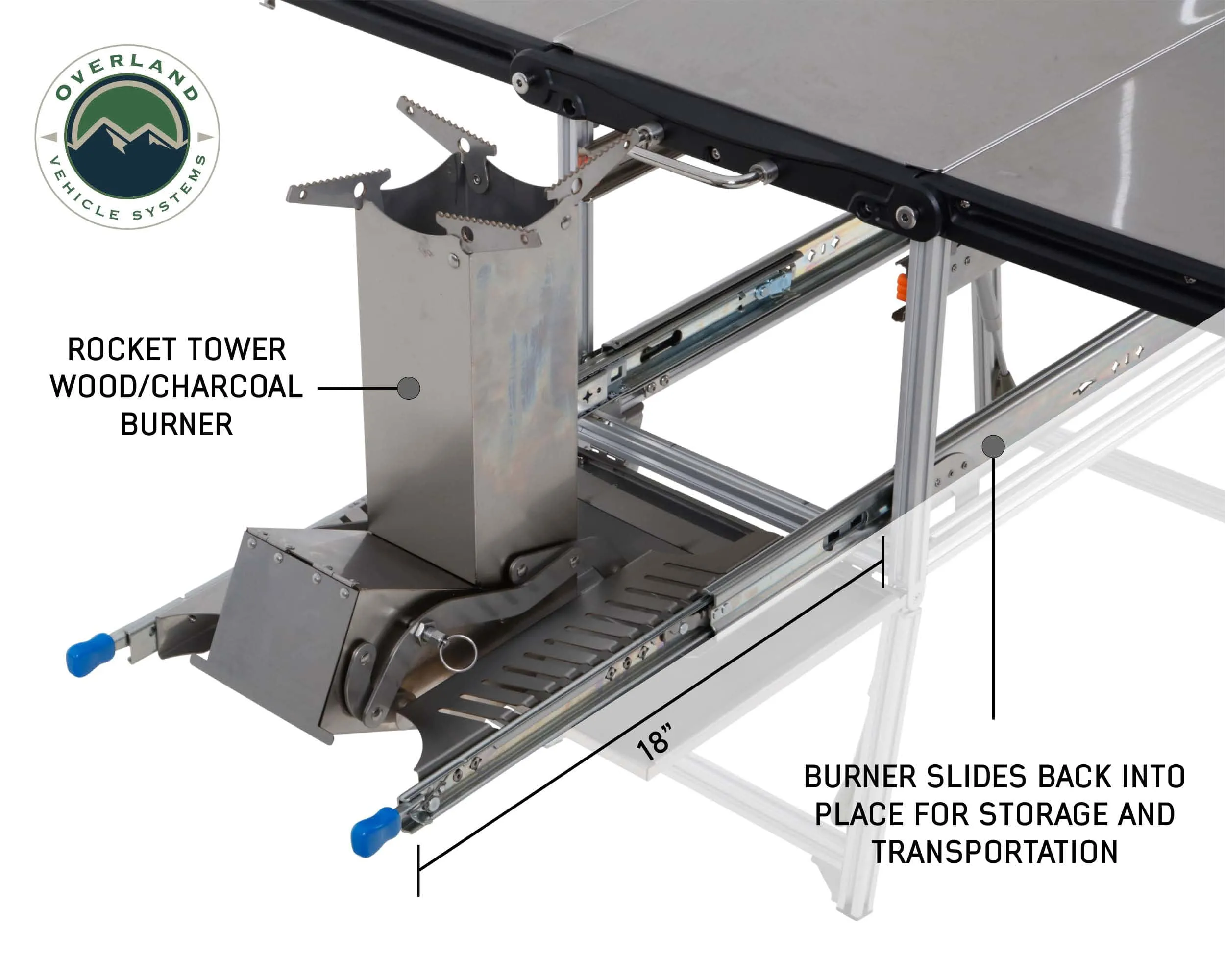 Overland Vehicle Systems Komodo Camp Kitchen - Dual Grill, Skillet, Folding Shelves, And Rocket Tower - Stainless Steel