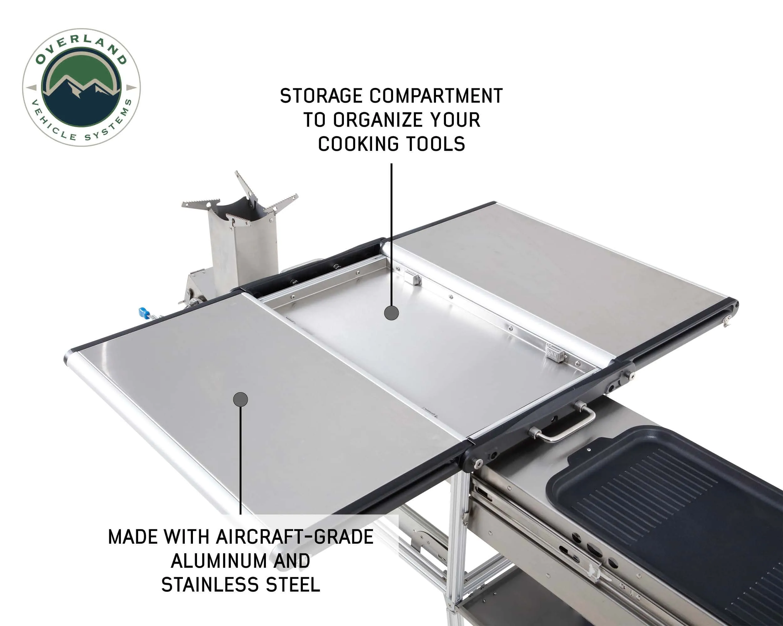 Overland Vehicle Systems Komodo Camp Kitchen - Dual Grill, Skillet, Folding Shelves, And Rocket Tower - Stainless Steel