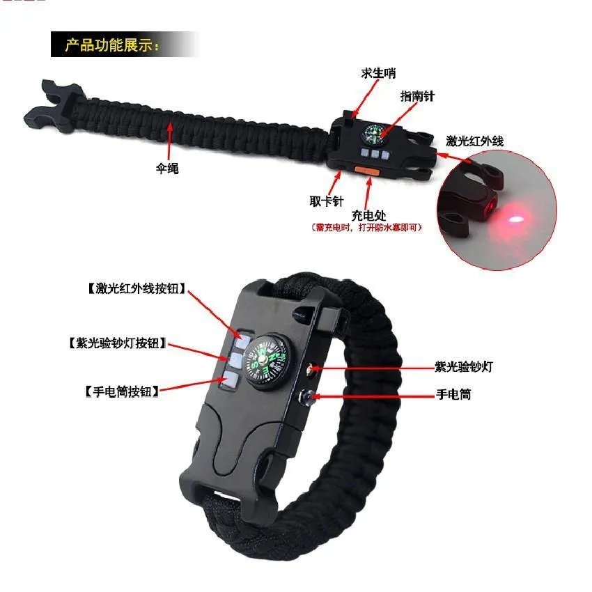 Paracord Bracelet Survival Rechargeable Survival Wirst with LED