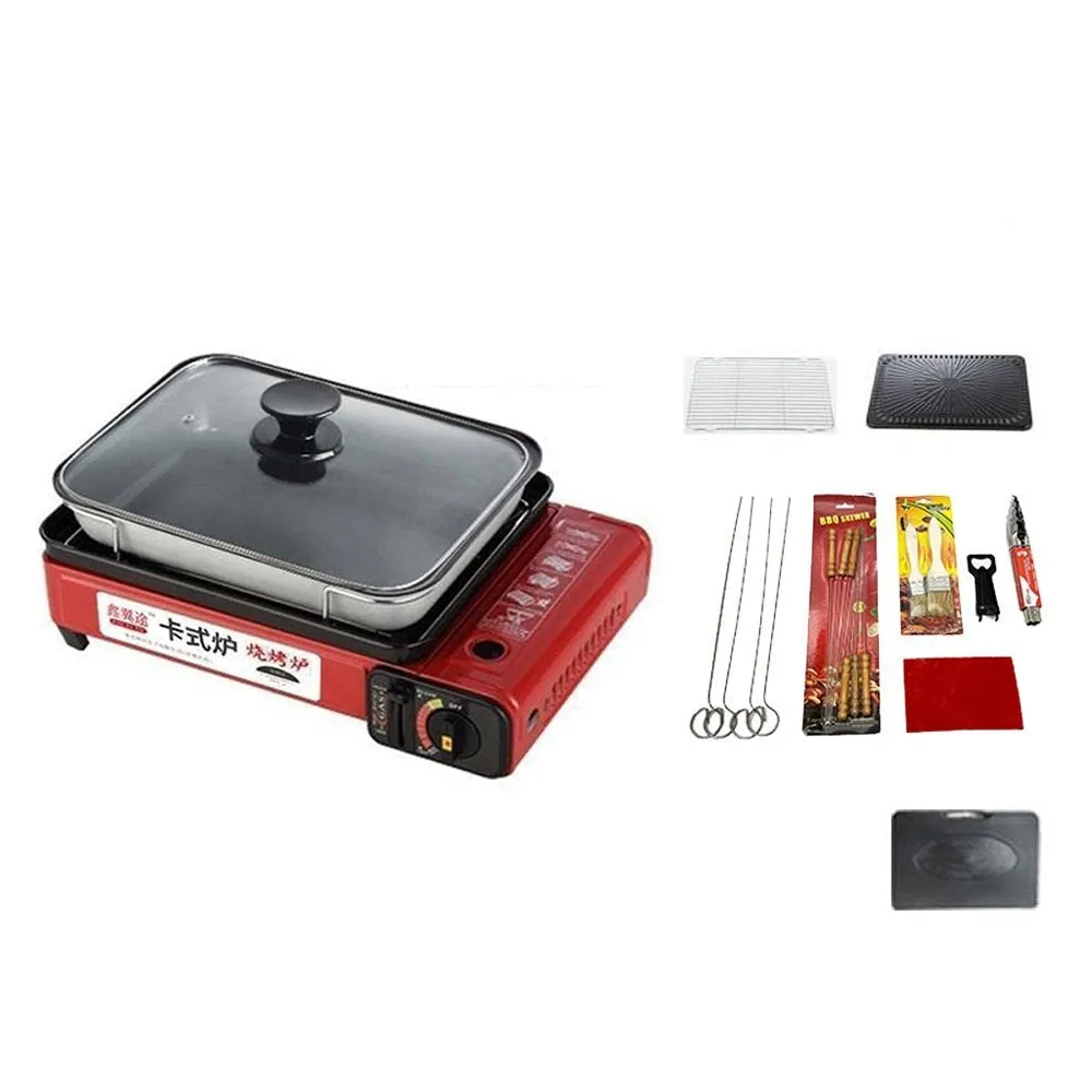 Portable Gas Stove Burner Butane BBQ Camping Gas Cooker With Non Stick Plate Red with Fish Pan and Lid