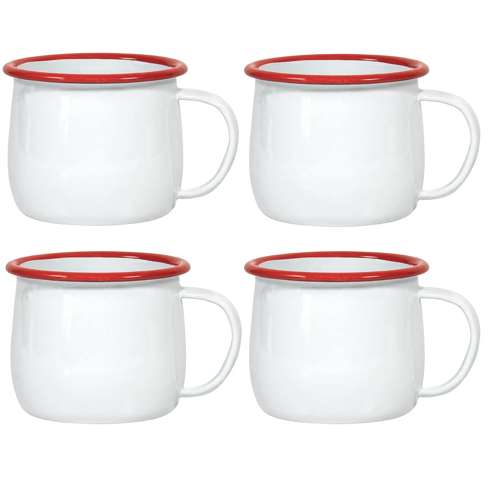 Red Co. Set of 4 Enamelware Metal 13.5 Oz Round Camping Mugs with Handle, Solid White/Colored Rim