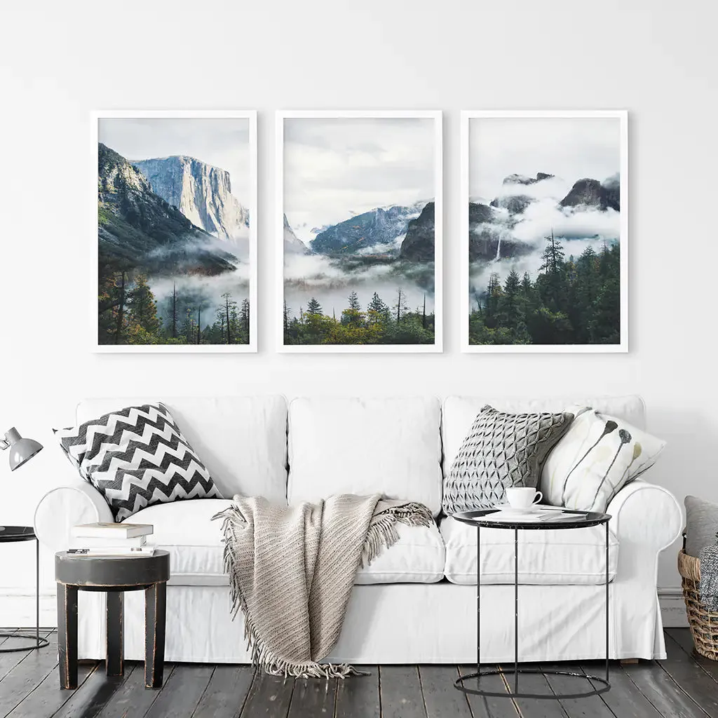 Yosemite Valley Misty Mountain Forest. Set of 3 Prints