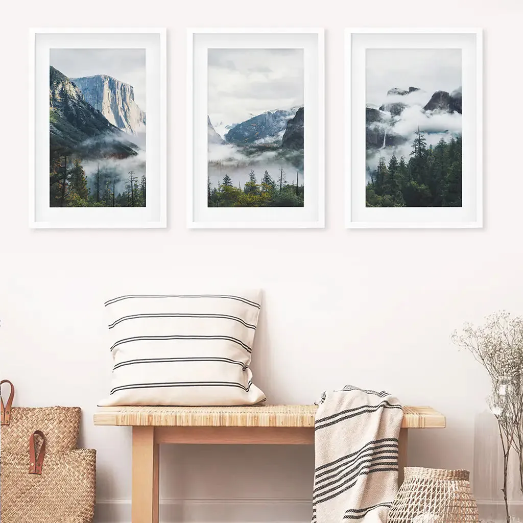 Yosemite Valley Misty Mountain Forest. Set of 3 Prints