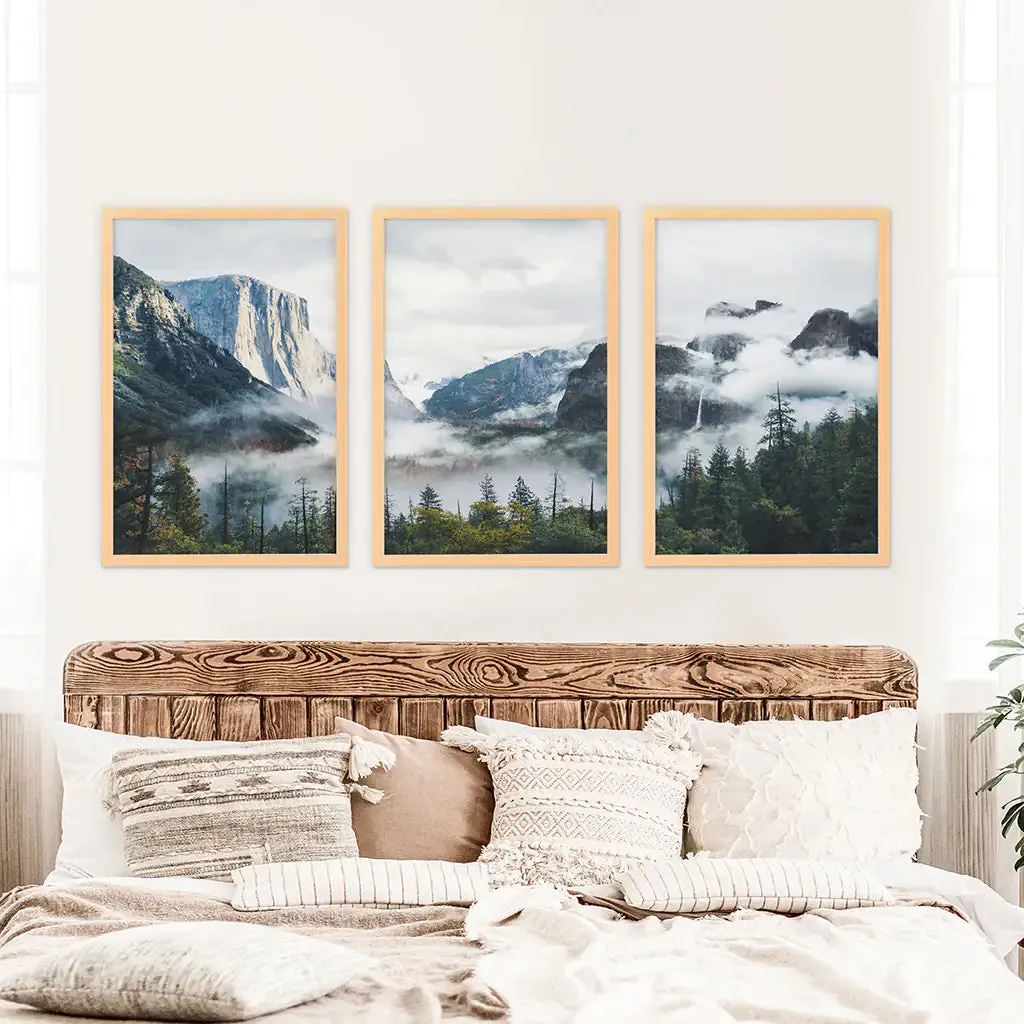 Yosemite Valley Misty Mountain Forest. Set of 3 Prints